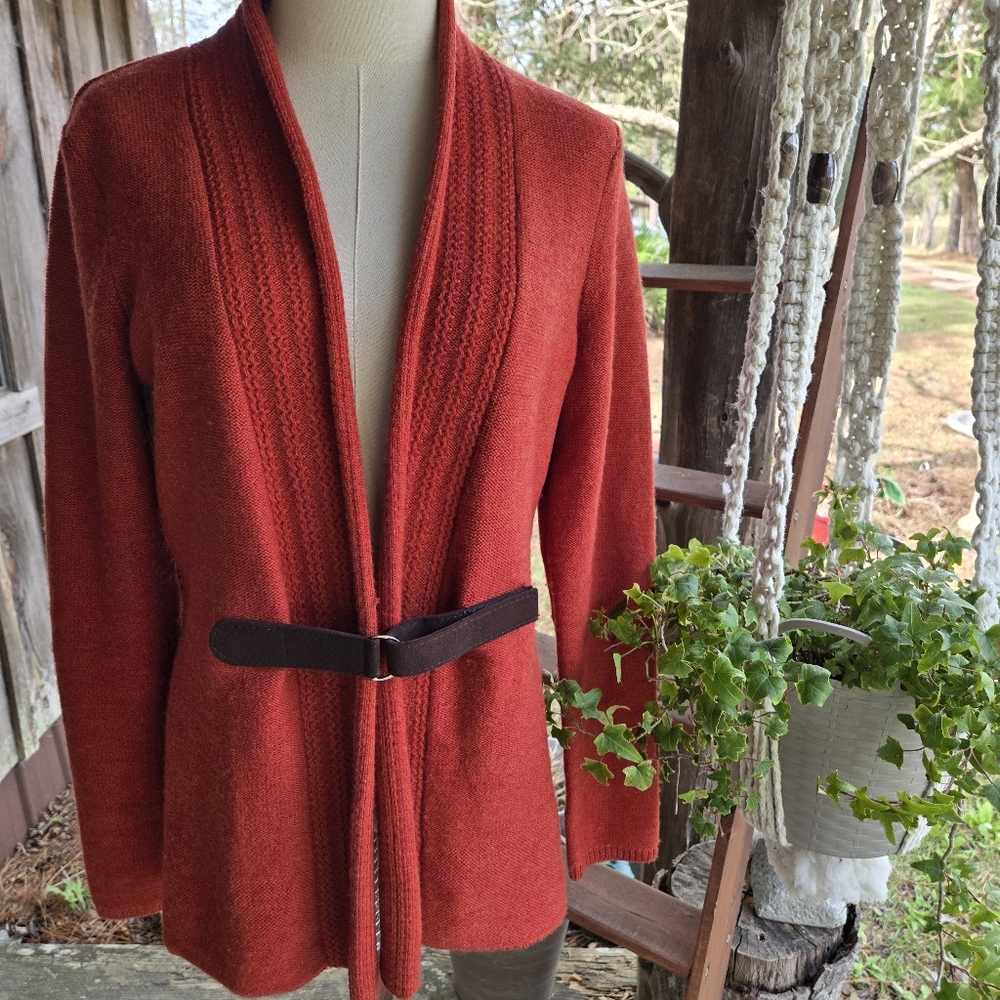 Marina Luna Merino Wool Burnt Orange Belted Front Cardigan Sweater Size Medium